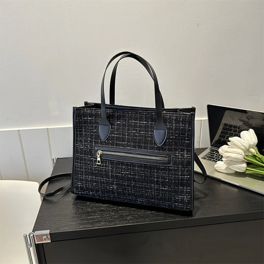 Luxury Tweed Tote Bag with Elegant Plaid Pattern - Fashion Crossbody Handbag for Women