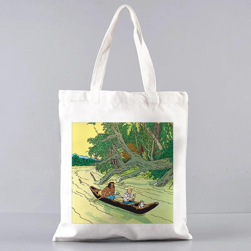 Soft Tintin Cartoon Canvas Large Capacity Tote | Open-Top Shopping Bag Luxegan