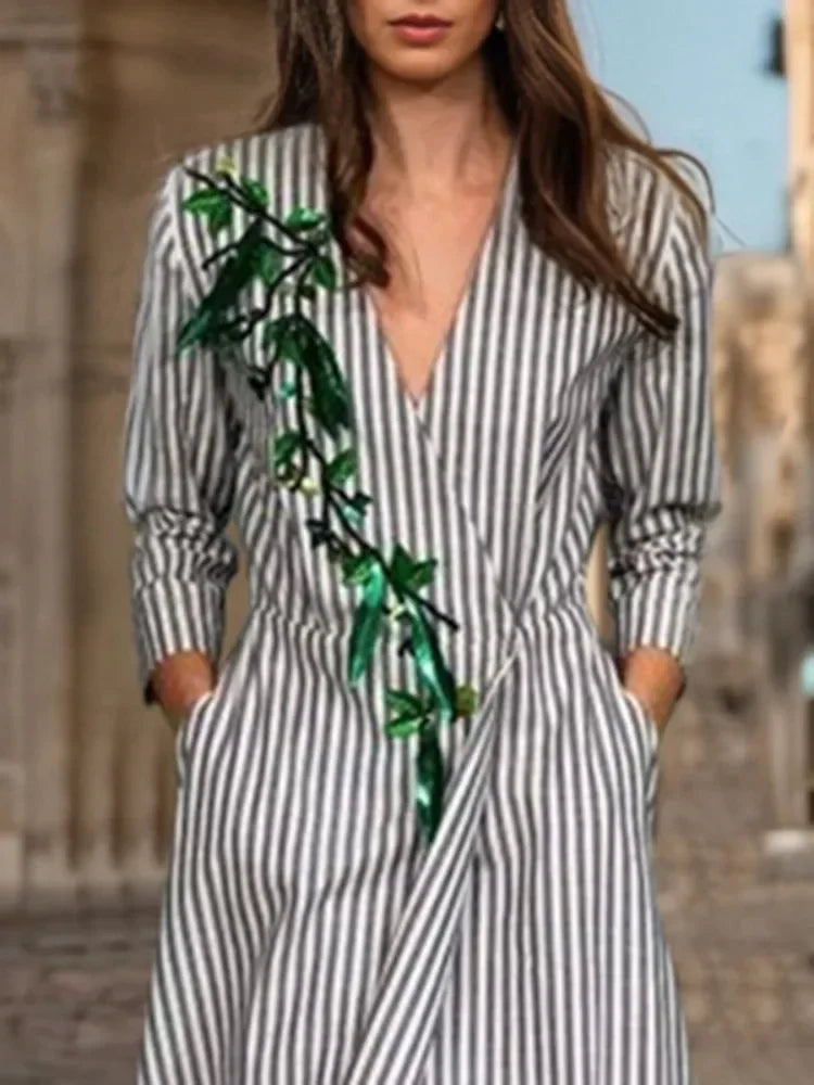 Striped High Waist Floor-Length Dress | Sophisticated V-Neck A-Line Silhouette | Elegant "High Street" Party Gown | "Dignified" Empire Waistline for Radiant Versatile Styling Luxegan