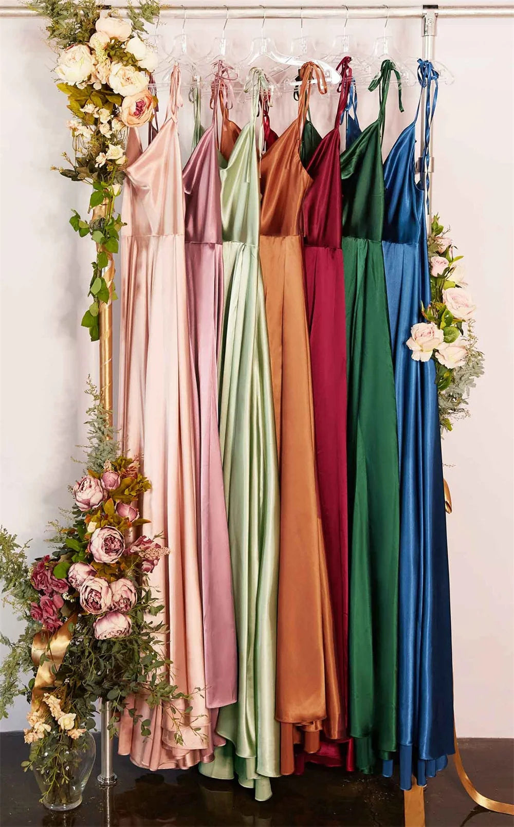 Solid Slash/Cowl Neck Sleeveless Lace-Up Strap Loose Fit A-Line Floor-Length Satin Dress – High Slit, Natural Waist, Summer