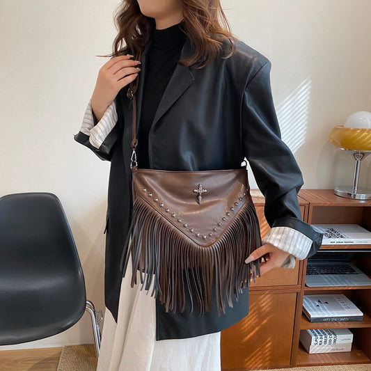 Fashion Vintage Leather Crossbody Messenger Bag | Boho Style Shoulder Bag with Tassel & Rivet Cross Decor (Women) Luxegan