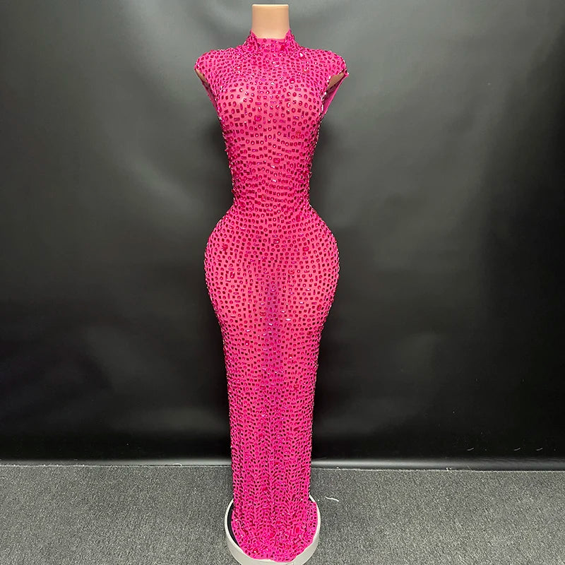 Luxurious Rhinestone Celebration Party Dress | Sparkling Couture Baby Shower Gown | One-Shoulder Turtleneck Medium-Stretch Sheath Dress Luxegan