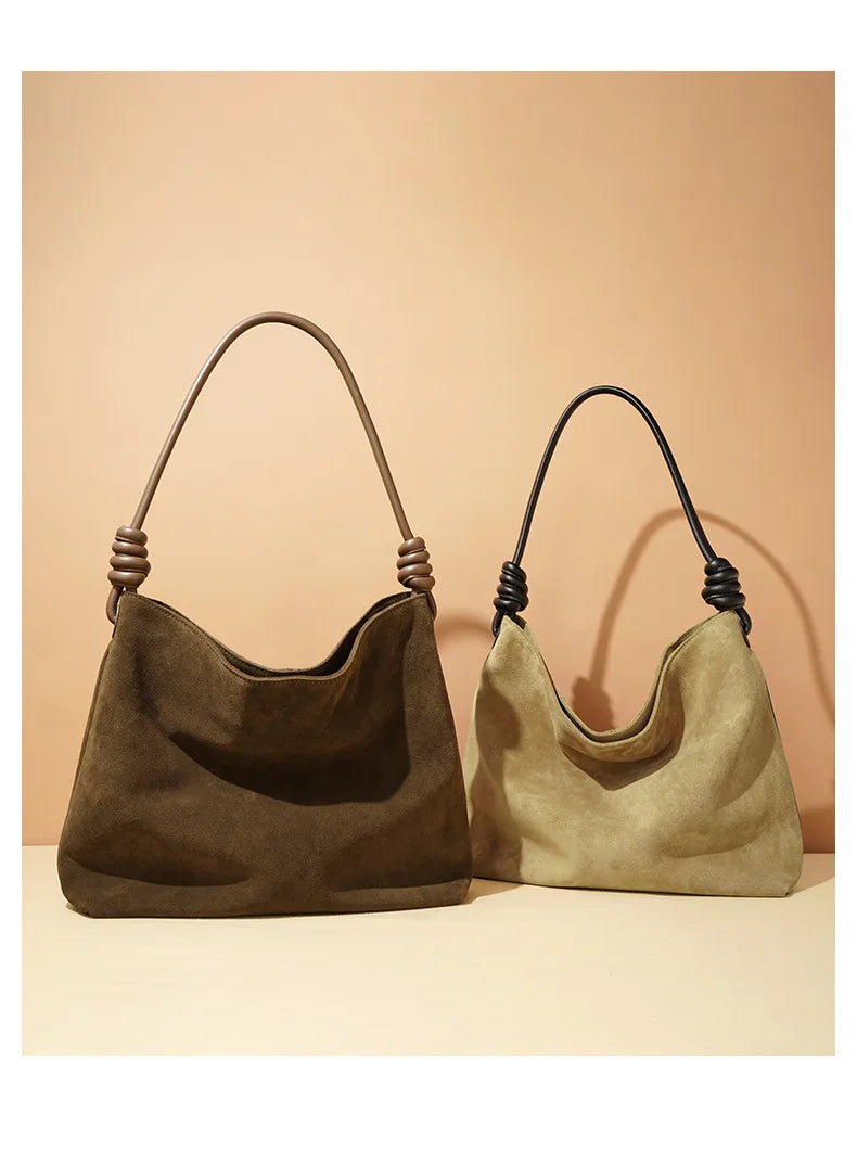 All-Match Chamois Matte Suede Cowhide Leather Tote | Large Capacity Designer Maillard Dressing Coffee Winter Ladies Handbag Luxegan