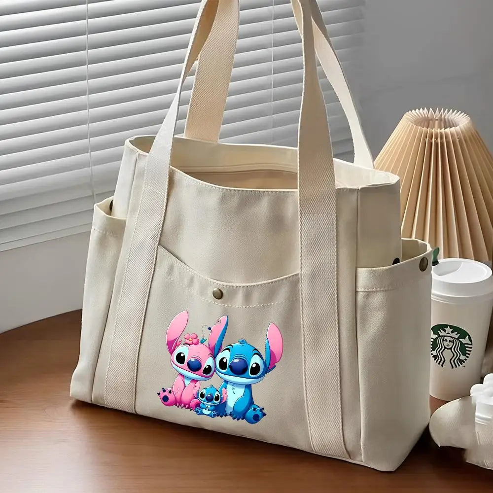 Lilo & Stitch Large Canvas Tote Bag | College Style Commuter & Student Shoulder Bag | Cartoon Shopping Handbag (Unisex) Luxegan