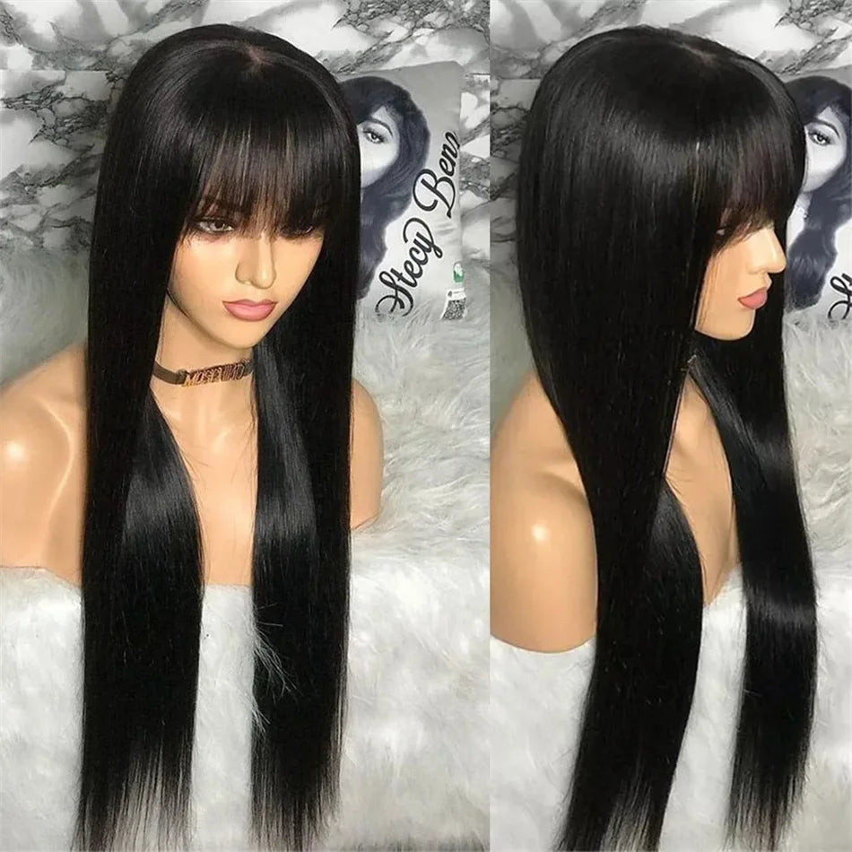 Silky Straight Human Hair Wig with Bangs - Full Machine-Made Glueless Medium-Length Wig - 100% Brazilian Remy Human Hair Natural Black Fringe Wig for Women (18-24 Inch Clearance Sale) Luxegan