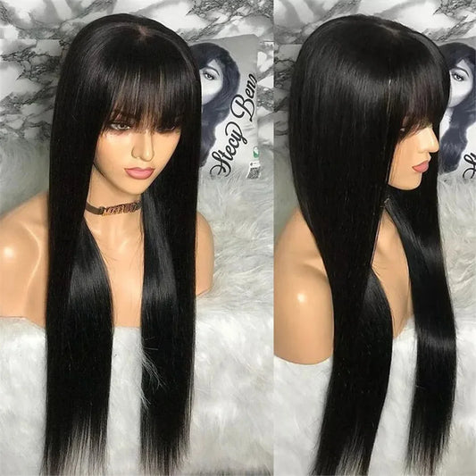 Silky Straight Human Hair Wig with Bangs - Full Machine-Made Glueless Medium-Length Wig - 100% Brazilian Remy Human Hair Natural Black Fringe Wig for Women (18-24 Inch Clearance Sale) Luxegan