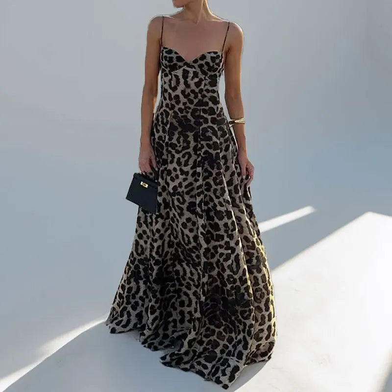 Summer Vintage Leopard Print Spaghetti Strap Dress | Sexy Backless Sleeveless High-Waist Maxi Robe | Premium Empire Waist Slim Fit Mid-Calf Camisole | Elegant A-Line Polyester Synthetic Fiber Dress Luxegan