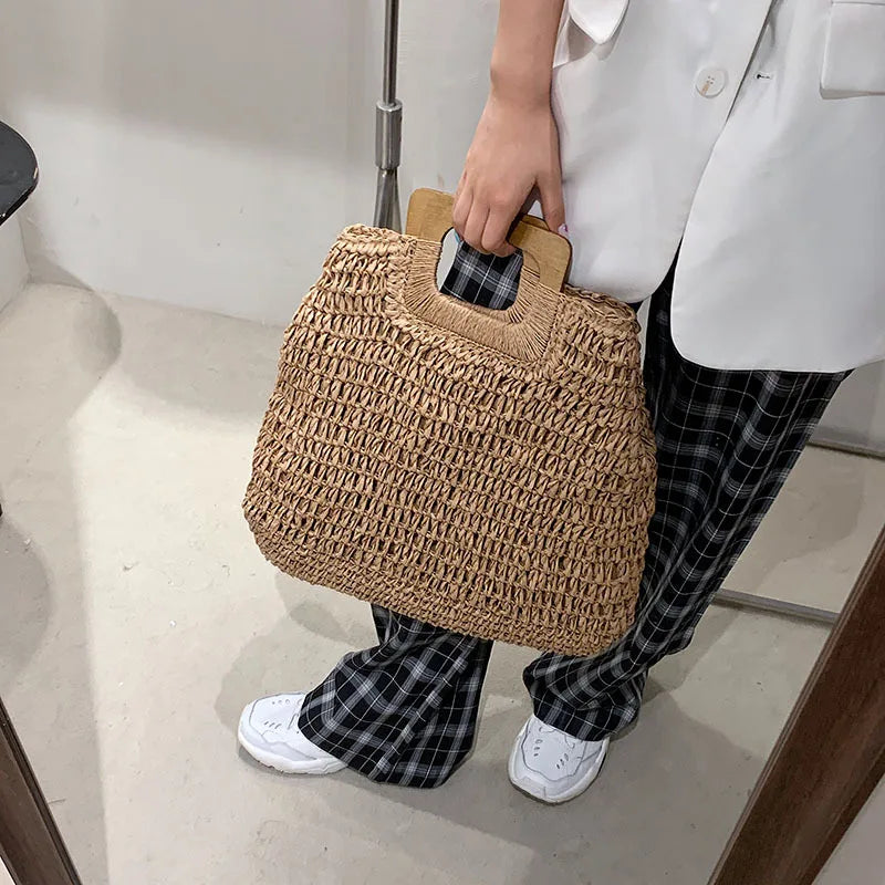 Summer Woven Straw Handbag | Wooden Handle Bag & Large Capacity Beach Tote Luxegan