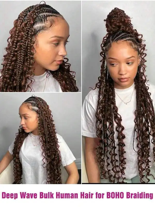 Deep Wave Human Hair Bulk for Braiding – 2 Bundles | Boho Braids | 12–28in | Natural & Chocolate - view 3