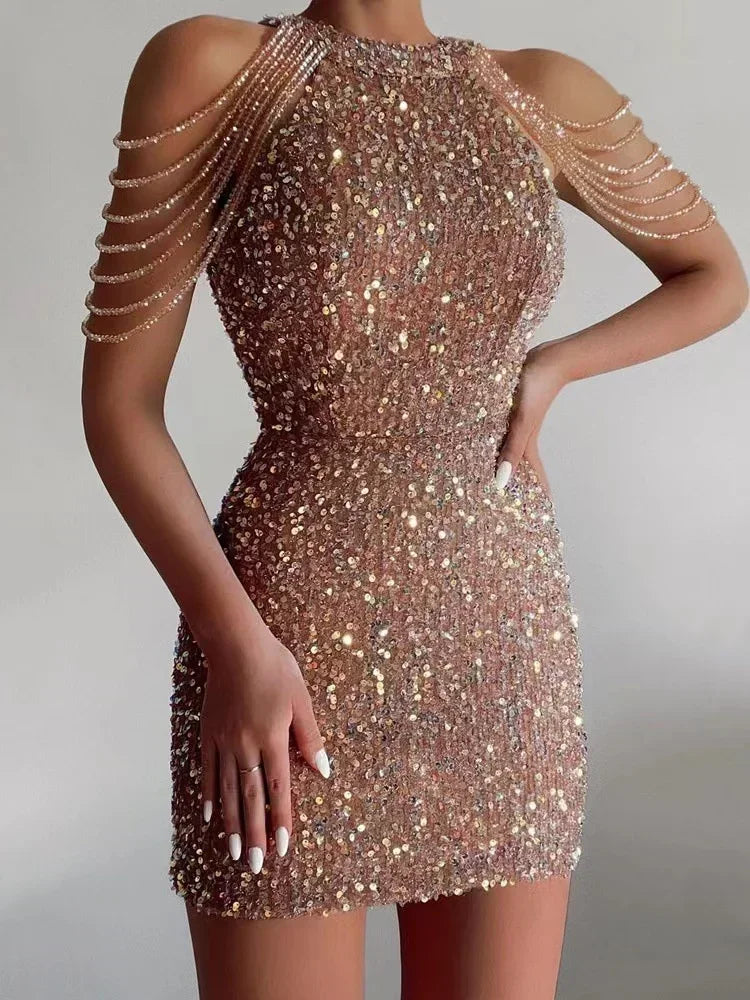 Women's Off-Shoulder Sequined Tassel Mini Dress | Sexy Spring Party Club Evening Short Dress | Glamorous Hollow-Out Bodycon Dress | Premium Slim Fit Sleeveless A-Line Luxegan