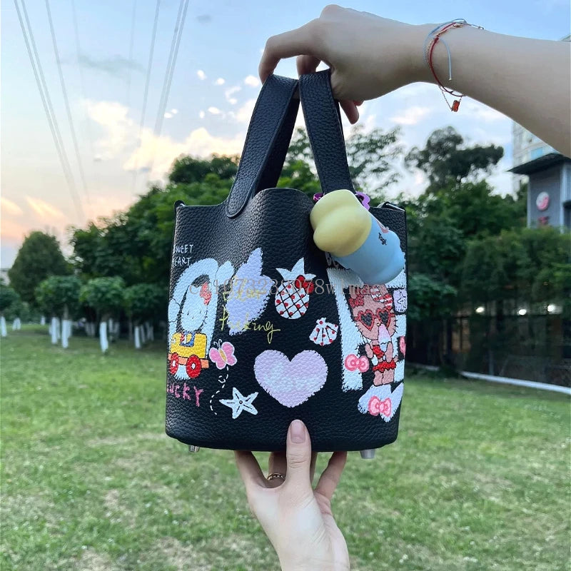 Hello Kitty Graffiti Bucket Bag | Cute Y2k Tote Purse Luxegan