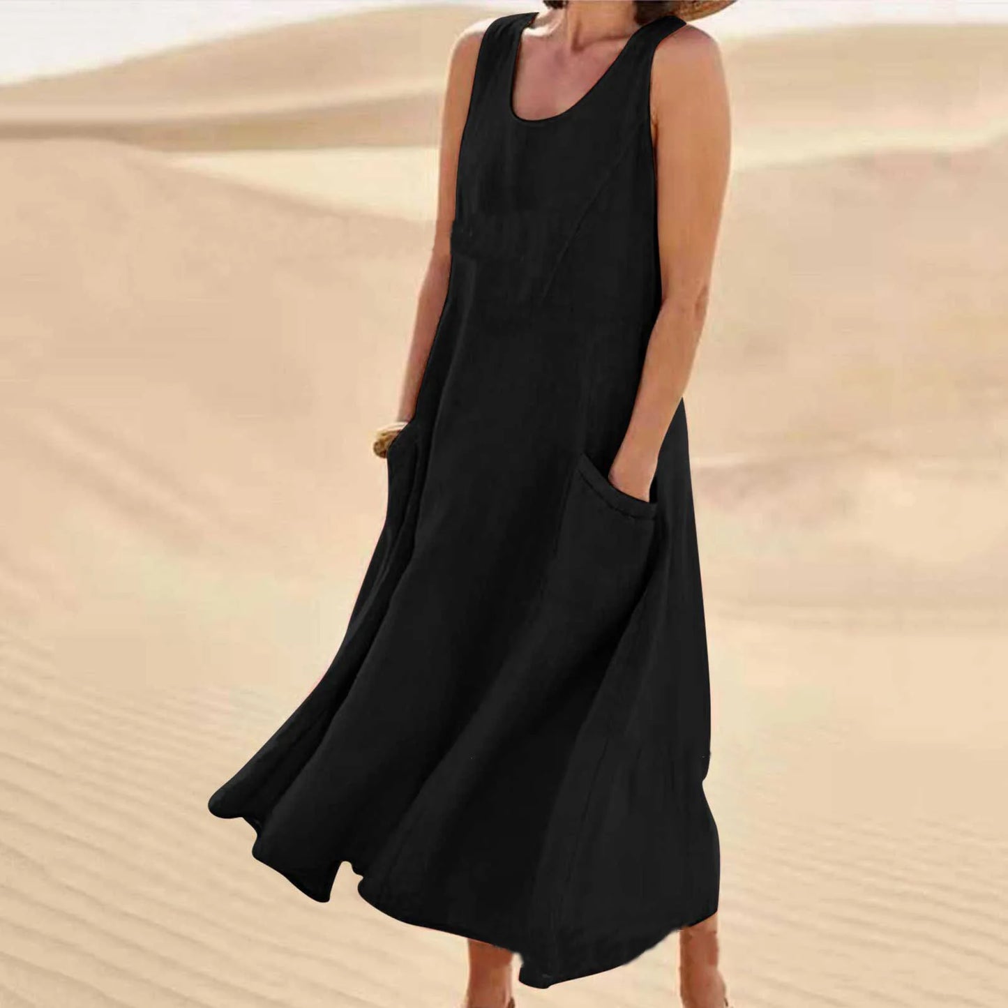 Women's Casual Cotton Linen Sundress | Summer Sleeveless Loose Sand Beachwear Maxi Dress | Elegant Double Big Pocket Oversized Long Dress | Premium High Stretch Regular Fit O-Neck Vestido Model LRFZ-818 Luxegan