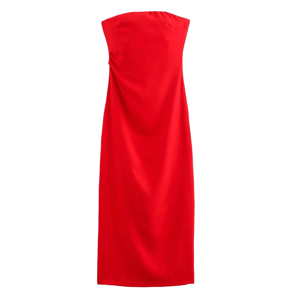Strapless Gathered Straight-Neck Midi Dress | Solid Non-Stretch Back-Slit Cocktail Gown | Tailored Mid-Calf Regular Fit Dress Luxegan