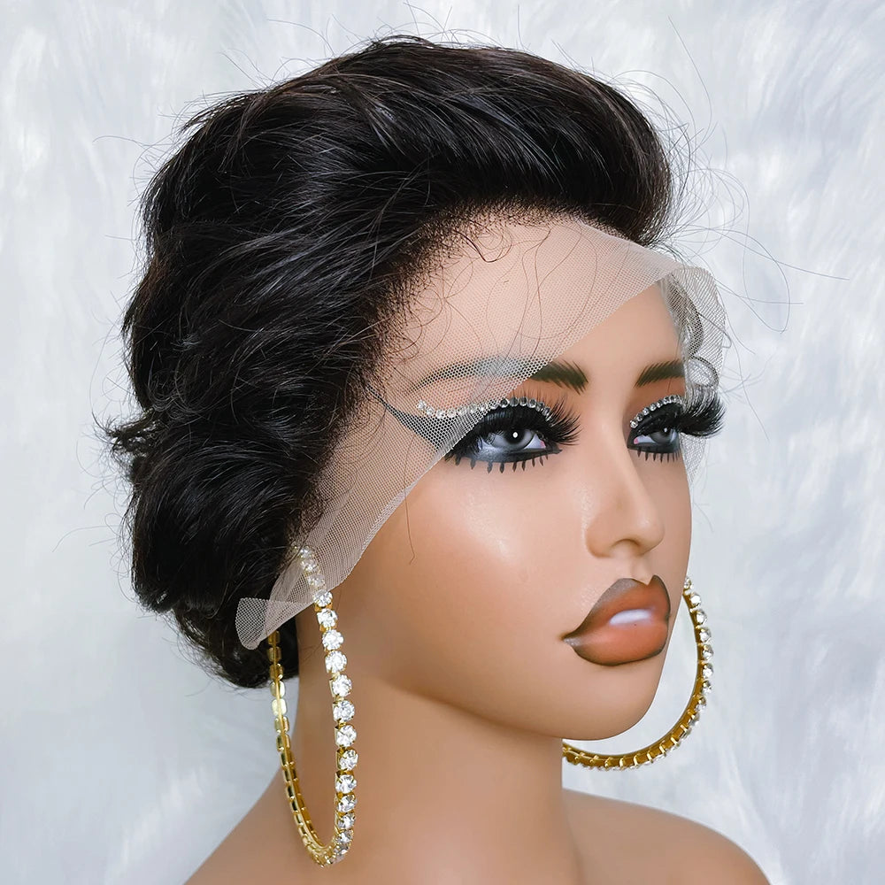 Short 8-Inch Curly Wave Lace Front Wig | 13x4 Transparent Swiss Lace Frontal Wig | 100% Brazilian Remy Human Hair Pre-Plucked Glueless Curly Bob for Women (Natural Color) Luxegan