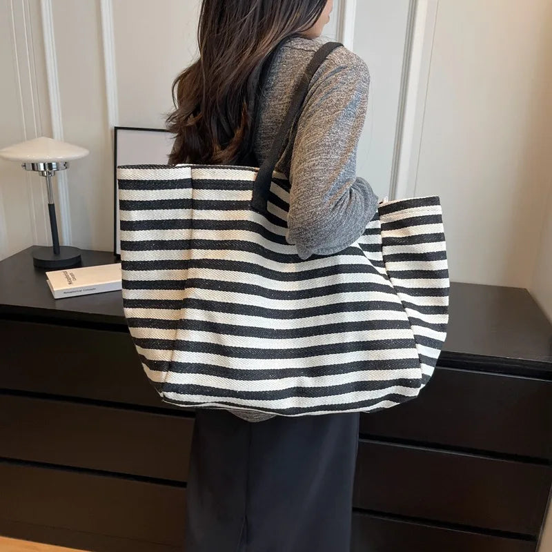 Casual Striped Canvas Bag for Women | Large Capacity Shoulder Bag & Daily Shopping Tote (Student Bookbag for School, Travel, Beach) Luxegan