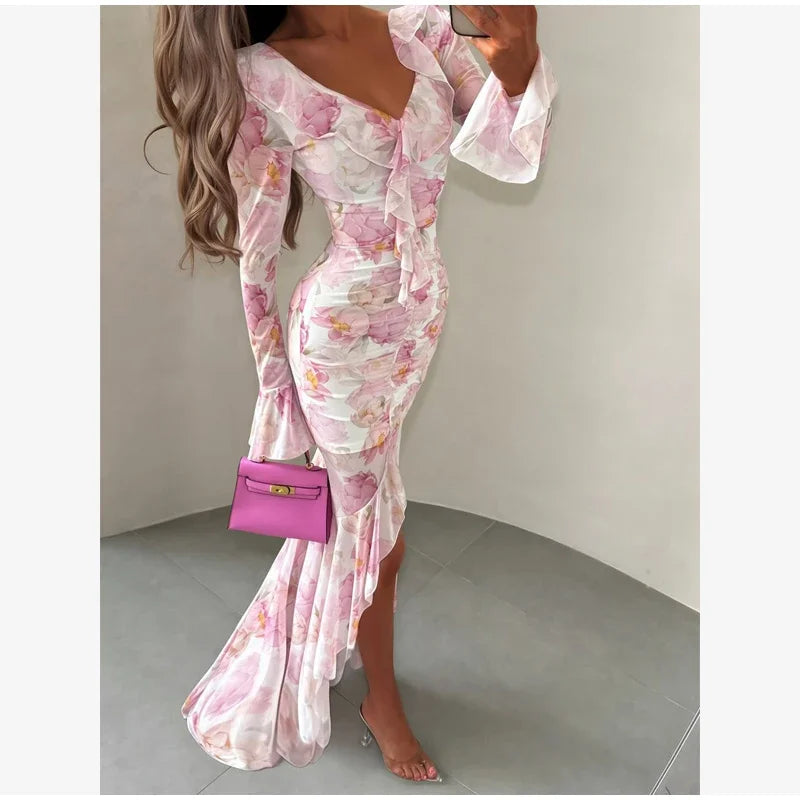 Flutter Sleeves Slim Long Dress Women Casual Pleated Deep V-neck Floral Print High Waist Dresses 2026 Lady Summer Holiday Wear