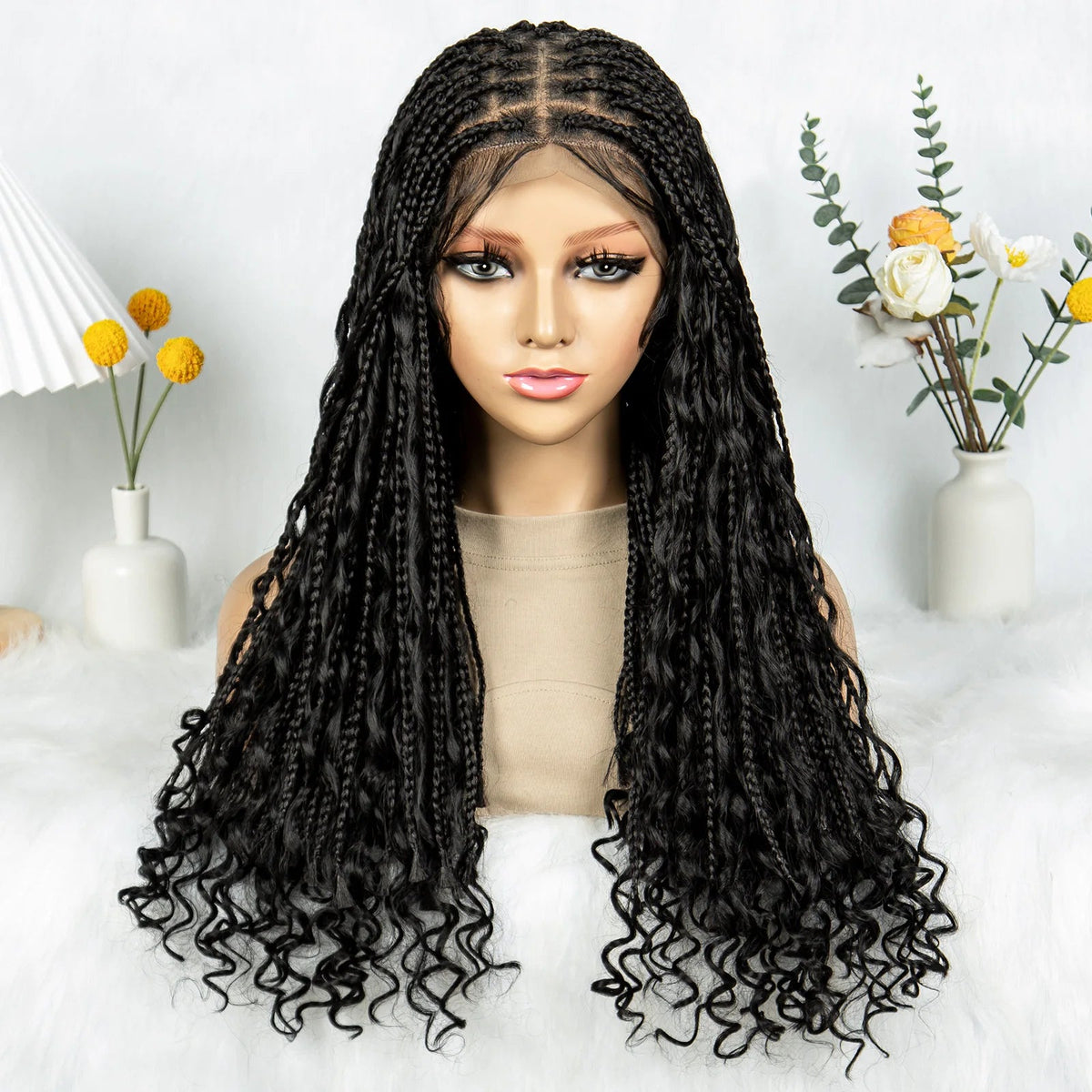 KIMA Boho Braided Wigs 20Inch Transparent Full Lace Wig Synthetic Box Braids Goddess Braided Wigs with Baby Hair for Black Women Luxegan