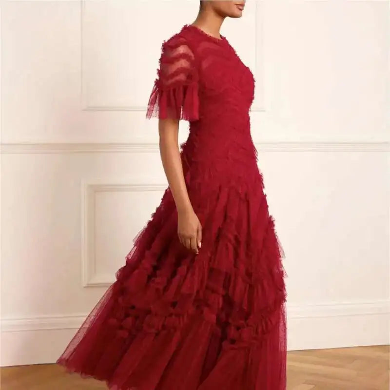 Patchwork Round Neck Short Sleeve Ruffle Trim Regular Fit A-Line Floor-Length Dress – Empire Waist, Spring/Summer Luxegan