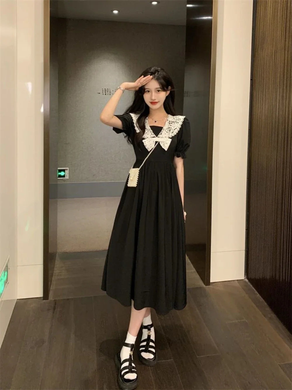 Lace Peter Pan Collar Flare Sleeve Dress | Kawaii A-Line Elegant Party Dress in Short & Long Luxegan