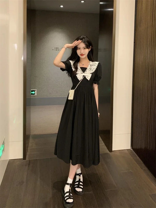 Lace Peter Pan Collar Flare Sleeve Dress | Kawaii A-Line Elegant Party Dress in Short & Long Luxegan