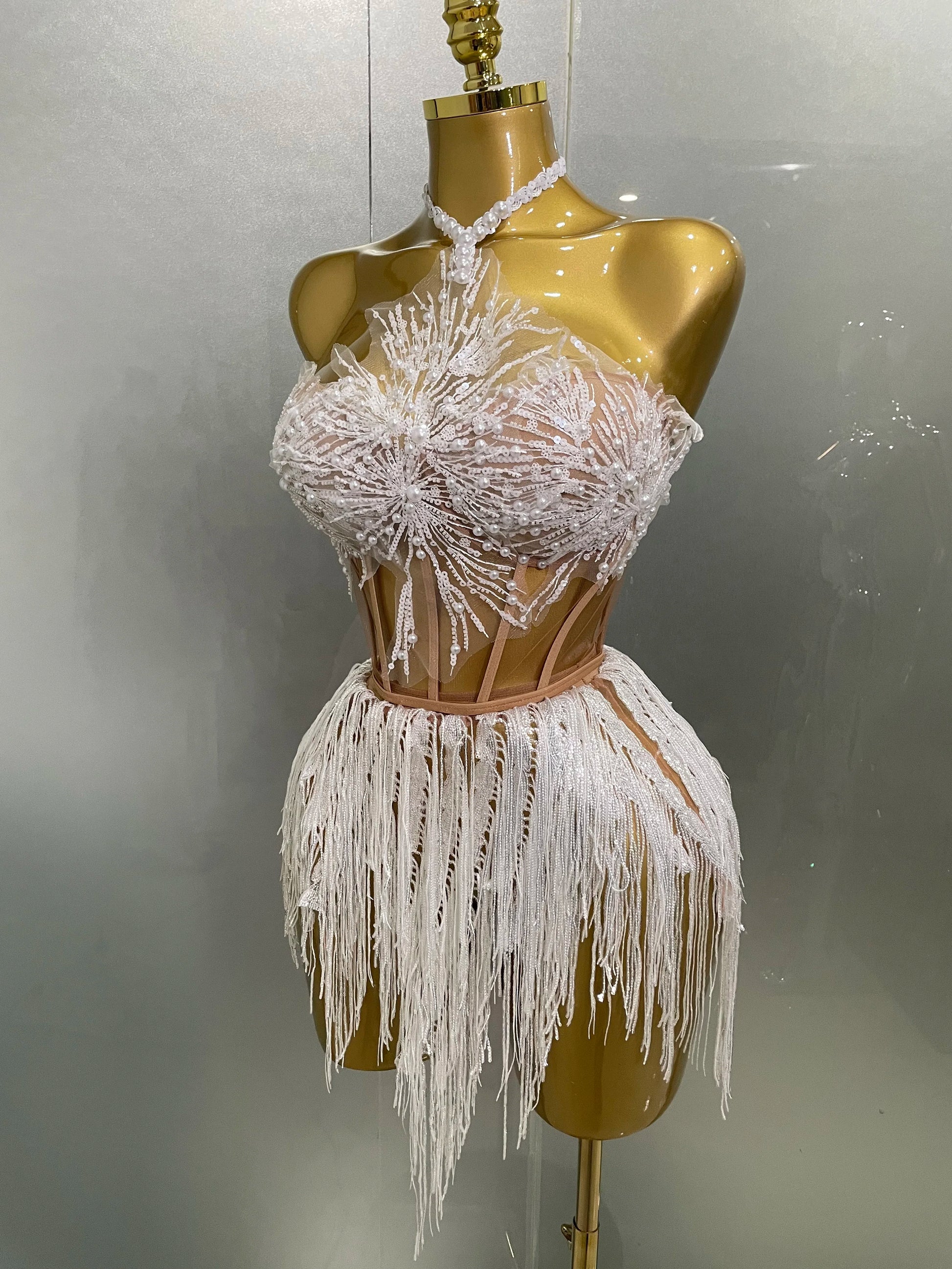 Sexy Pearl Sequins Tassel Glitter Mini Dress | Strapless Sleeveless Sheath Club Party Dress | Premium Slight-Stretch Slim Fit Stage Performance Outfit | Luxury Applique Nightclub Singer Vestido Luxegan
