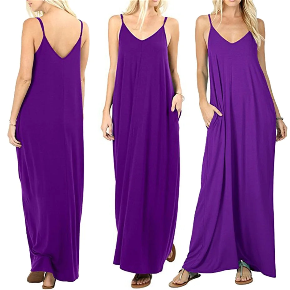 Women's New Summer Couture Line Plain Baggy Dress | Elegant V-Neck Sleeveless Tank Top Dress | Sexy Sling Spaghetti Strap Evening Gown | Premium Medium Stretch Loose Fit Straight Silhouette Floor-Length Camisole Vestido Model A2312088 Luxegan