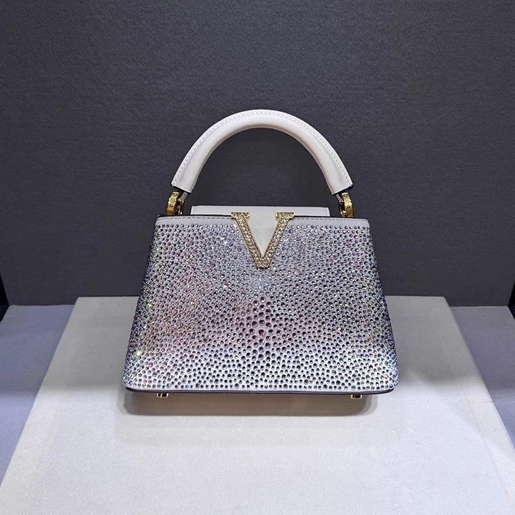 Luxury Brand Leather Diamond Handbag | High-End Rhinestone Shoulder & Crossbody Bag | Elegant Evening Tote with Interior Zipper Pocket Luxegan