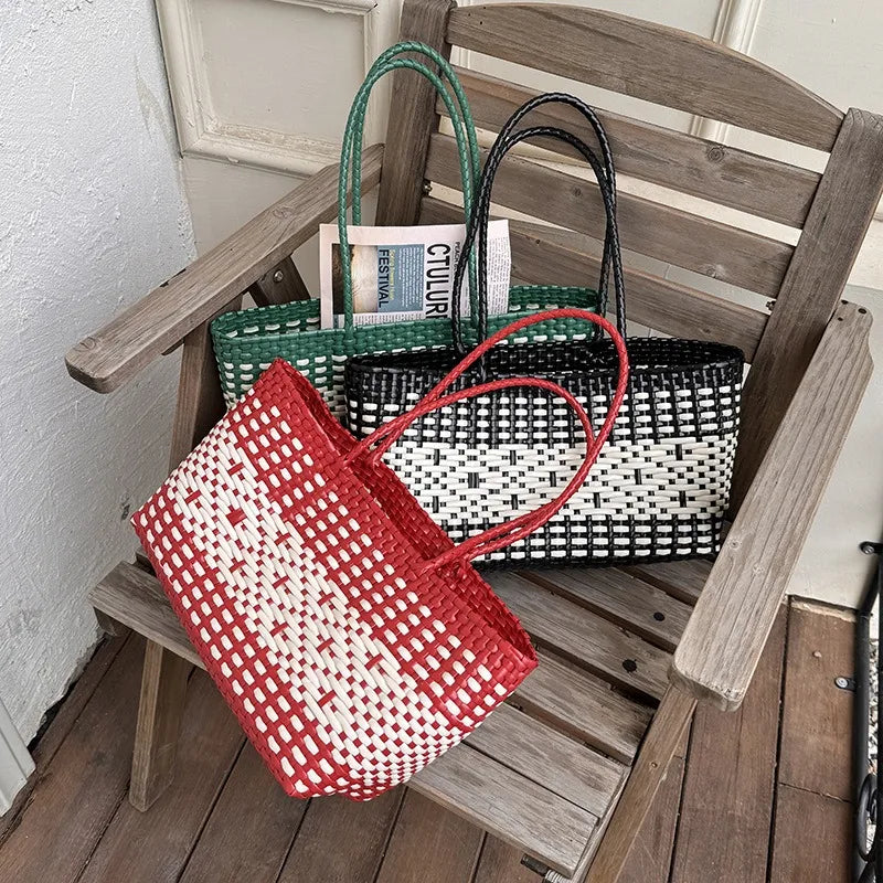 New Woven PVC Beach Vacation Tote Bag | Laid-back Style Bucket Basket Bag for Women Luxegan
