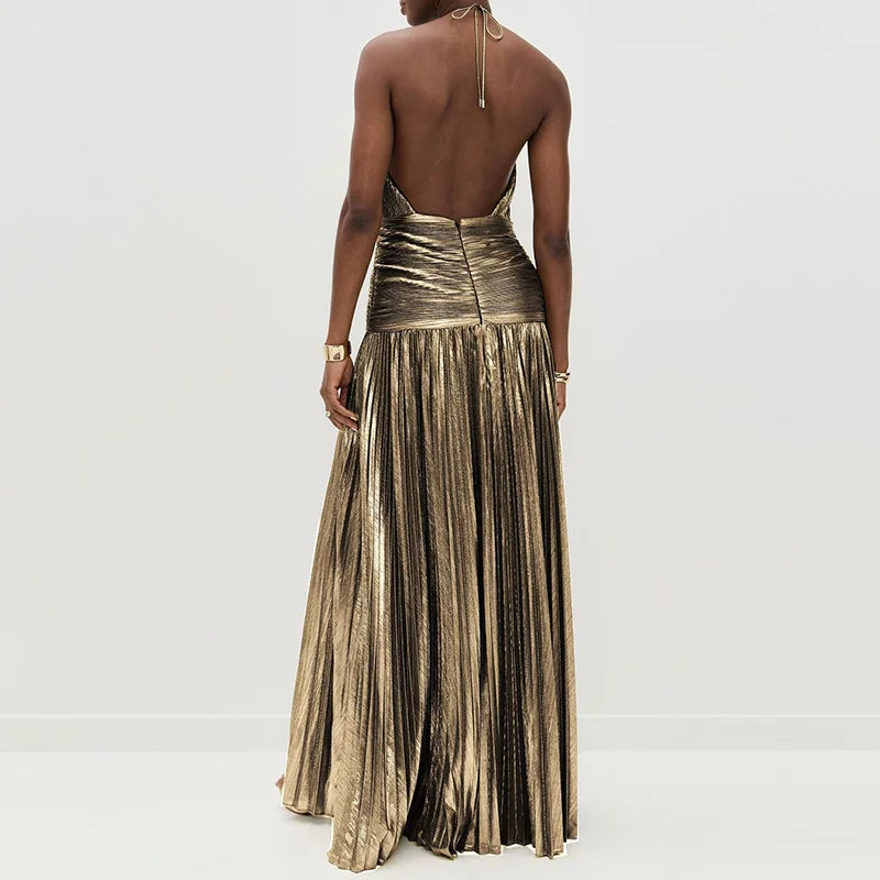 Off-the-Shoulder Halter Draped Slit Evening Gown | Corset-Style Party Dress Luxegan