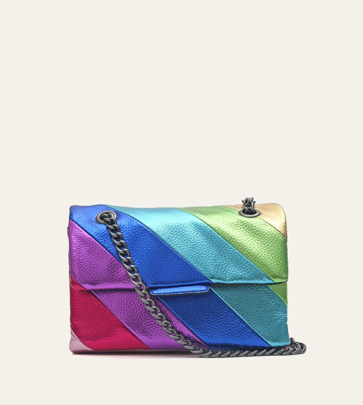 Women’s Metallic Rainbow Color Stripe Crossbody Bag | Fashion Vegan PU Leather Small Square Bag | Trendy Magnet Flap Cover Handbag with Metal Chain | Versatile Daily Shoulder Bag (Model CRP-2405042) Luxegan