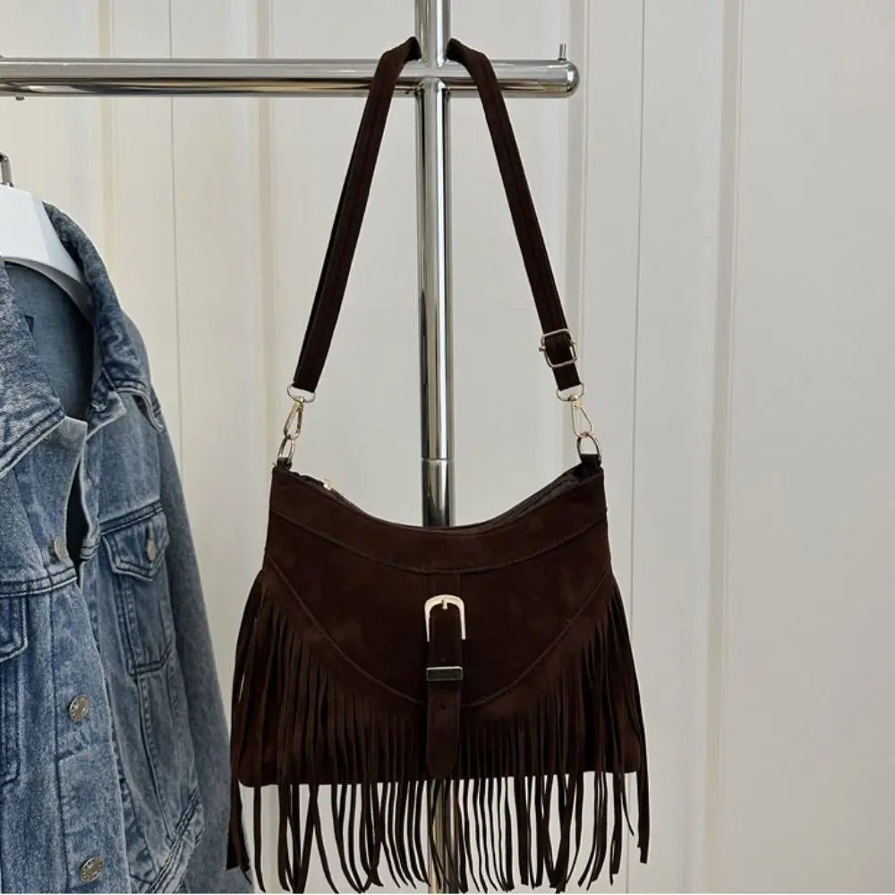 Casual Korean Tassel Shoulder Bag | Solid Color Suede & PU Leather Underarm Pack | Ethnic Bohemian Style Travel Handbag (Women) Luxegan