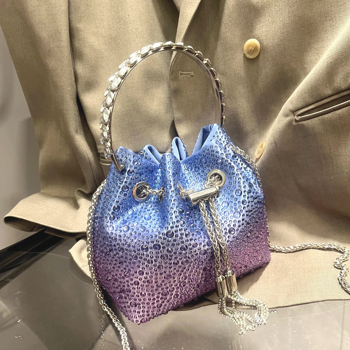 Luxury Designer Rhinestone Evening Clutch | Shiny Crystal Bucket Handbag & Fashion Shoulder Bag Luxegan