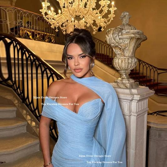 Exquisite Blue Mermaid Prom Dress | One-Shoulder Sweetheart Scarf Evening Gown | Pleated Tiered Dubai Floor-Length Custom Gala Dress Luxegan