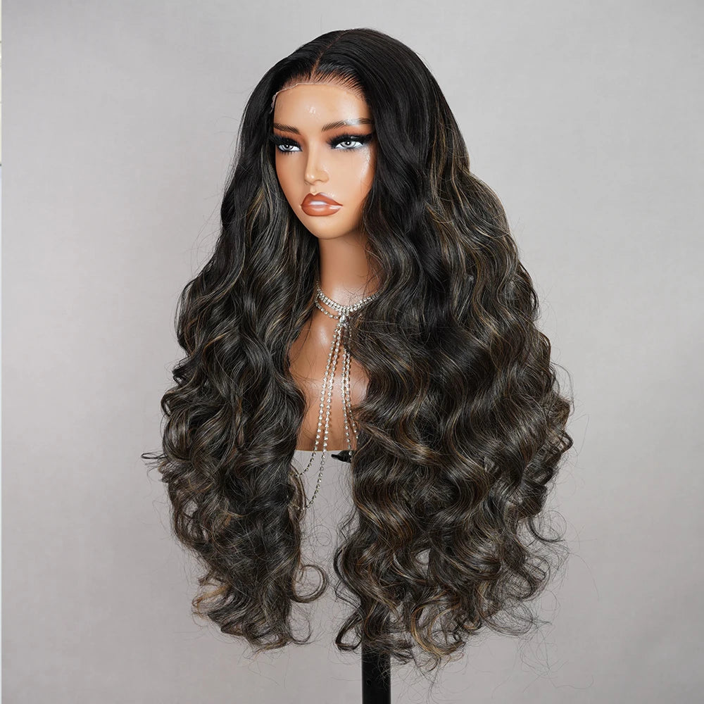 Long Body Wave Highlight Wear-and-Go Glueless 6x6x1 T-Part Lace Closure Wig - Pre-Plucked & Bleached Knots Mixed Hair Wig - Transparent Swiss Lace Human Hair & Synthetic Blend Wig for Women Luxegan