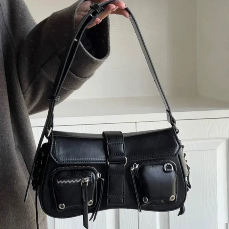 Y2K Korean Style Harajuku Vintage Handbag | Sophisticated Gothic Black Moto & Biker Shoulder Bag | Elegant Punk Aesthetic Wallet Purse | Fashion-Forward PU Leather Square Trend Tote Luxegan