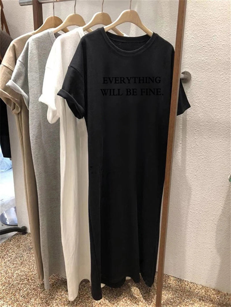 Summer Thin Plus-Size Dress | Casual Letter-Printed O-Neck Lounge Dress | Loose Fit Ankle-Length A-Line Dress | Lightweight Short-Sleeved Streetwear Gown for Juniors Luxegan
