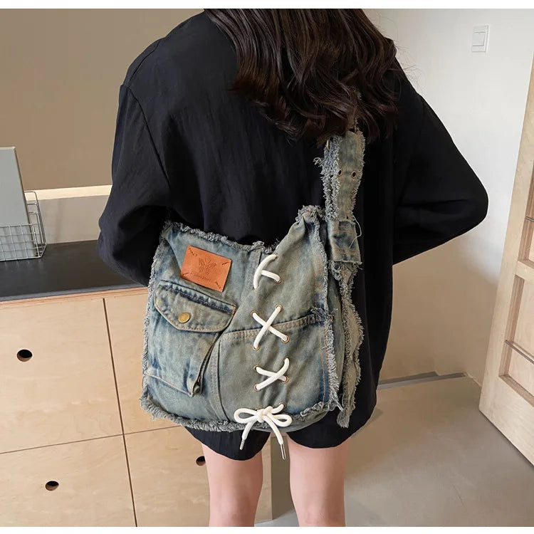 Washed Denim Shoulder Bag for Women Handbags | Large Capacity Female Messenger Bags | Soft Jeans Casual Big Totes Shopping Bag Luxegan