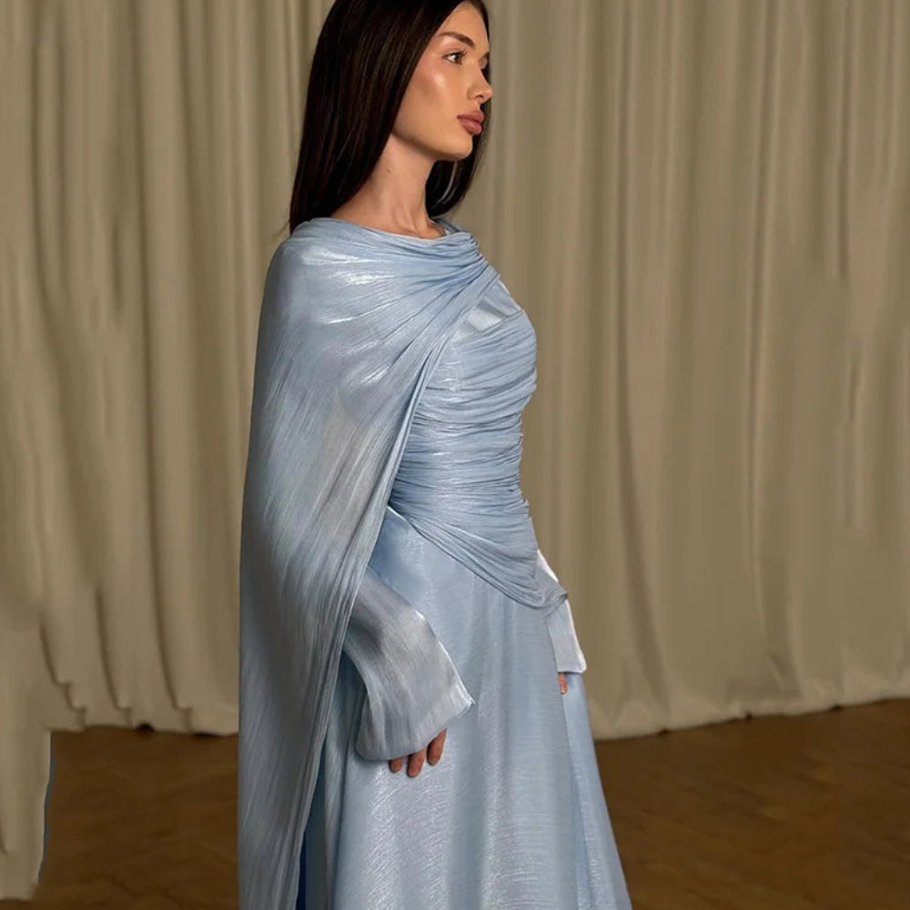 Exquisite Light Blue Shiny Satin Evening Gown | Elegant Off-The-Shoulder Shawl Prom Dress | Pleated Ribbon A-Line Arabia Maxi Gown Luxegan