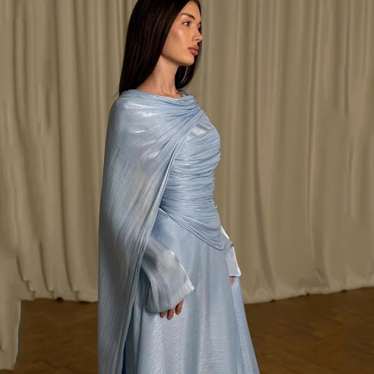 Exquisite Light Blue Shiny Satin Evening Gown | Elegant Off-The-Shoulder Shawl Prom Dress | Pleated Ribbon A-Line Arabia Maxi Gown Luxegan