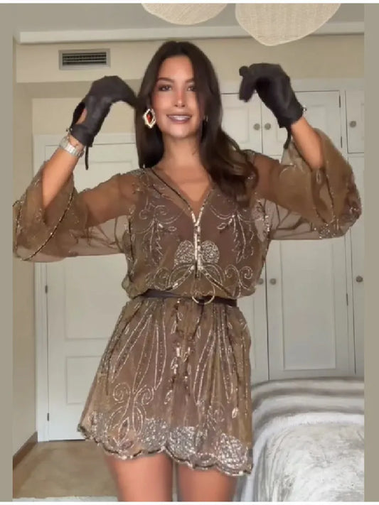 Women's Vintage Sequin Sheer Mini Dress | Chic Floral Embroidery V-Neck Party Gown | Elegant Lantern Sleeve Ruffled Hem Cocktail Dress | Premium Non-Woven Slight Stretch Regular Fit Ball Gown Luxegan