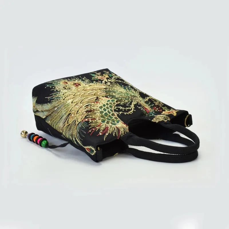 Ethnic Style Sequins Tote Bag | Peacock Embroidery Handbags & Vintage Canvas Crossbody Bag Luxegan