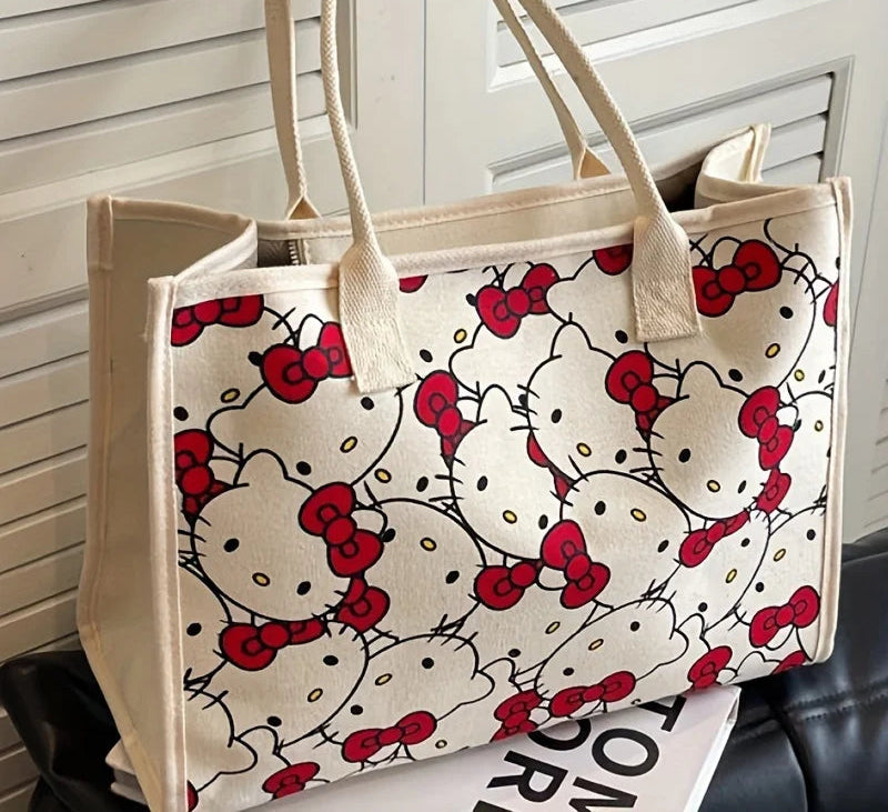 Hello Kitty Canvas Handbag | Large Capacity Zipper Shoulder Bag & Weaving Tote Luxegan