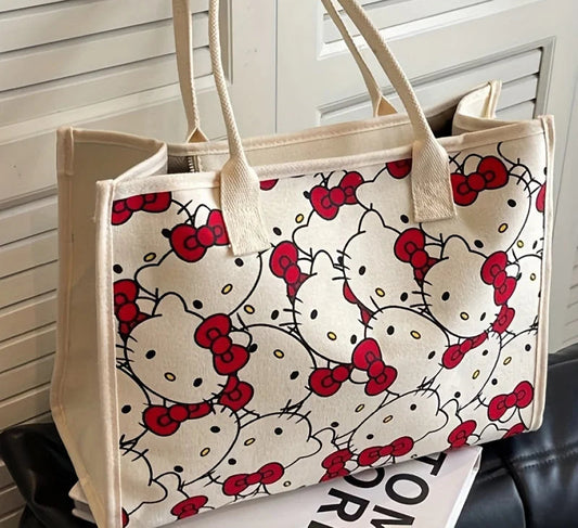 Hello Kitty Canvas Handbag | Large Capacity Zipper Shoulder Bag & Weaving Tote Luxegan