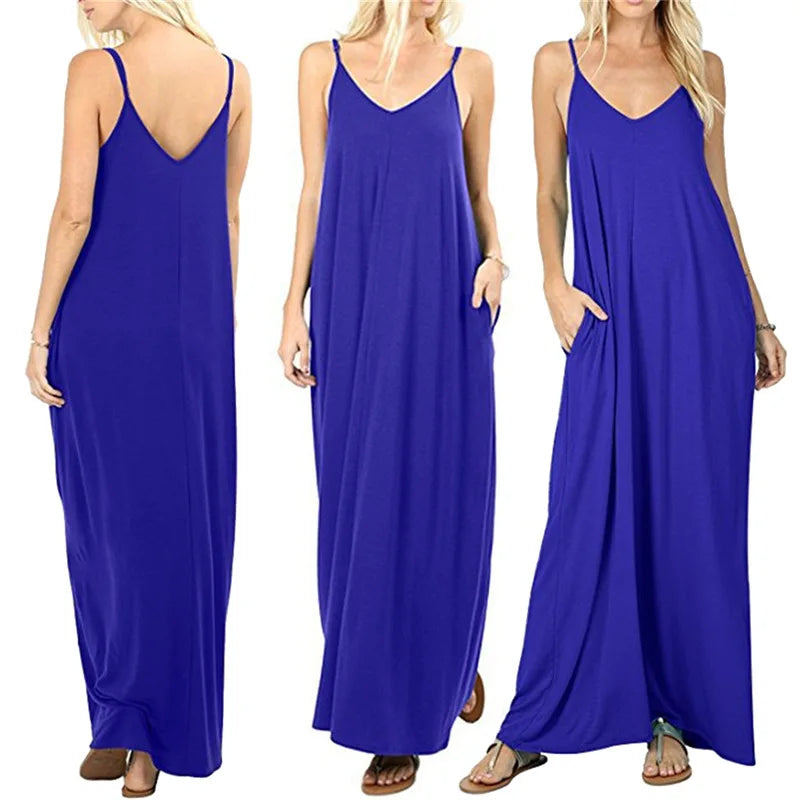 Women's New Summer Couture Line Plain Baggy Dress | Elegant V-Neck Sleeveless Tank Top Dress | Sexy Sling Spaghetti Strap Evening Gown | Premium Medium Stretch Loose Fit Straight Silhouette Floor-Length Camisole Vestido Model A2312088 Luxegan