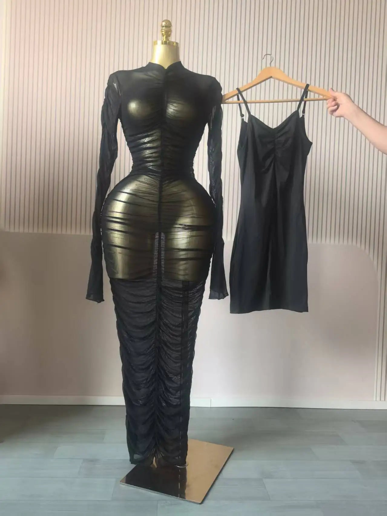 CM.YAYA Women Flare Long Sleeve Stacked Ruched Mesh See Though with Tank Dress Maxi Long Dress 2025 Birthday Sexy Party Dresses