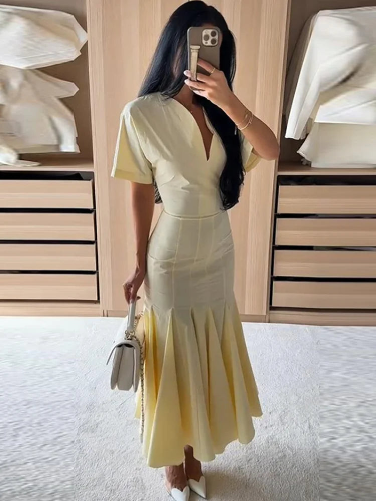 Solid V-Neck Short Sleeve Slim Fit Pleated Empire Waist Ankle-Length Dress – All Season Luxegan