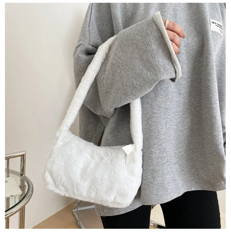 Simple Design Women's Soft Plush Hobo Shoulder Bag | Winter Furry Ladies Clutch Purse & Handbag (Fashion Female Underarm Bag) Luxegan