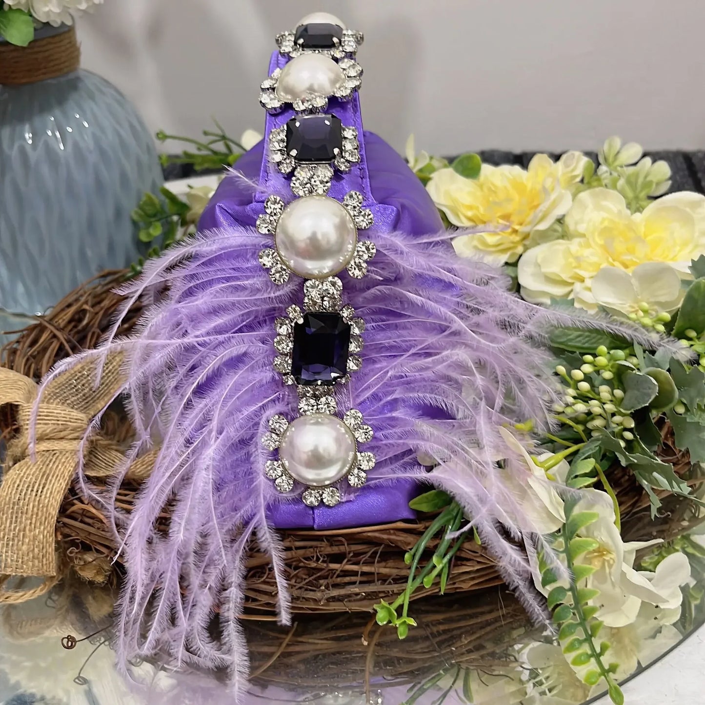 Luxury Feather & Pearl Evening Clutch | Designer Satin Wedding Purse with Diamond Decoration | Fashionable Sparkling Square Party Tote | Elegant White Satin Flap Handbag Luxegan