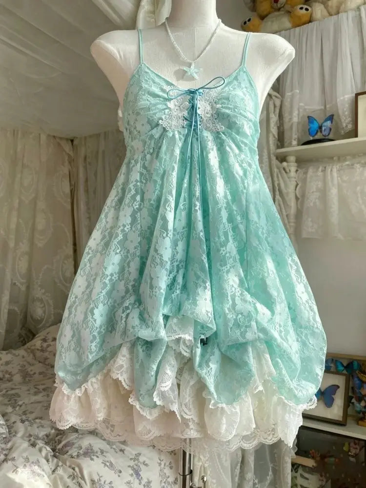 Women's Y2k Lolita Cute Mini Dress | Spicy Girls Floral Style Lace-Up Summer Dress | Elegant Square Collar Ruffle Slim Fit Vestido | Premium Tatting Regular Fit A-Line Dress Model QZ6007 Luxegan