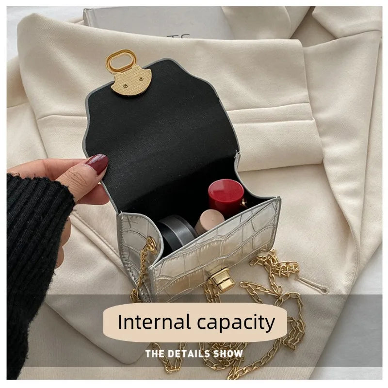 Korean Style Leather Bright Surface Shoulder Bag | Chain Mini Crossbody Bag & Lipstick Pouch Luxegan